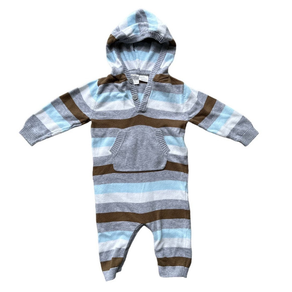 Koala Baby Blue, Brown and White Knitted Romper with Hoodie, Sz 6M - Picture 1 of 5